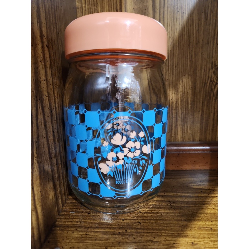 Vintage Carlton Glass Jar With Blue Checkered Pattern And Floral Design